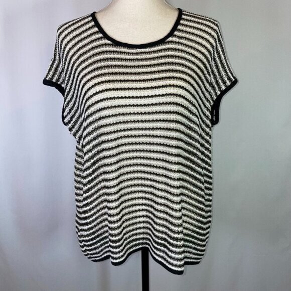 Chico's Loose Knit Metallic Striped Sweater Size L Short Sleeves Relaxed Fit - Picture 1 of 9